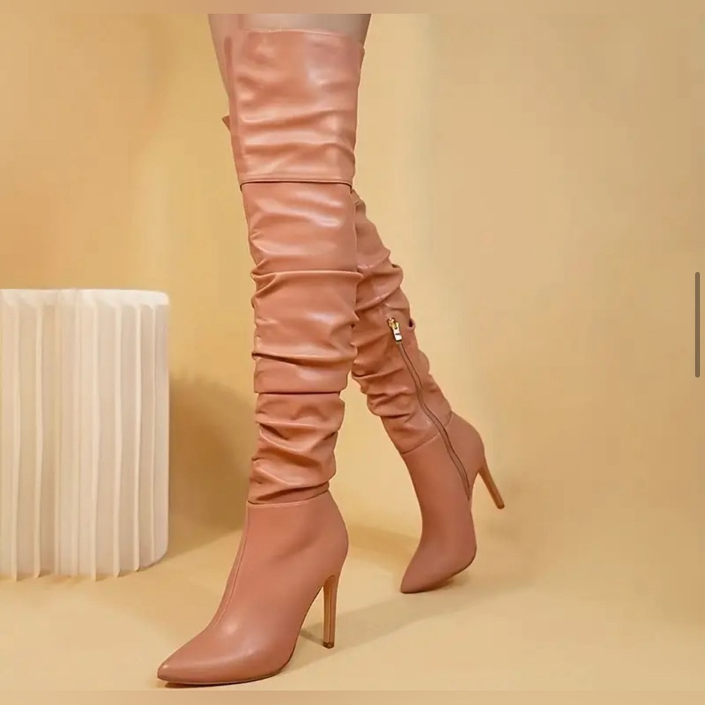 Stiletto Heeled Leather Boots with Side Zipper-Apricot